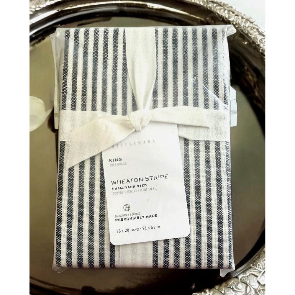 Pottery Barn WHEATON 1 Striped Cotton Linen KING Sham ~ NAVY & IVORY - NWT